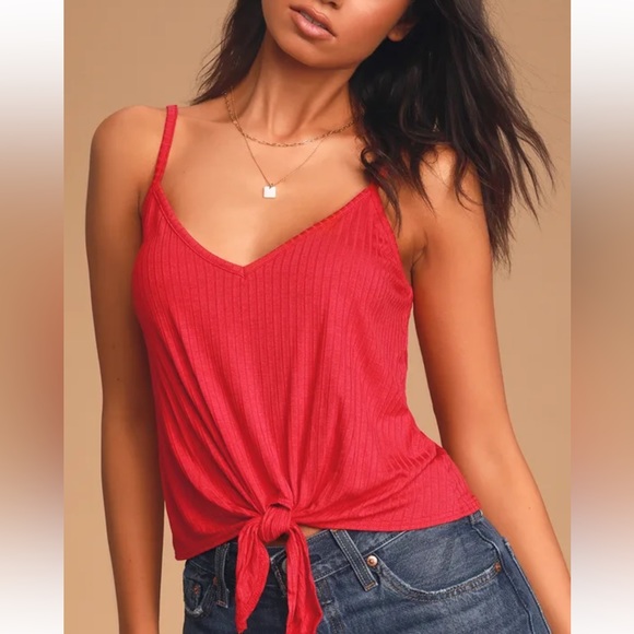 LULUS Feeling Myself Red Tie-Front Cropped Tank Top - Picture 2 of 6